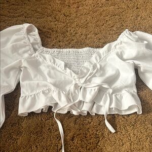 SHEIN White Puff Sleeve Smocked Crop Blouse